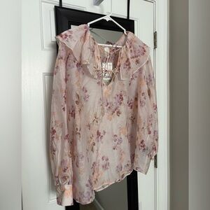 H&M Sheer Floral Blouse with Ruffled Neckline